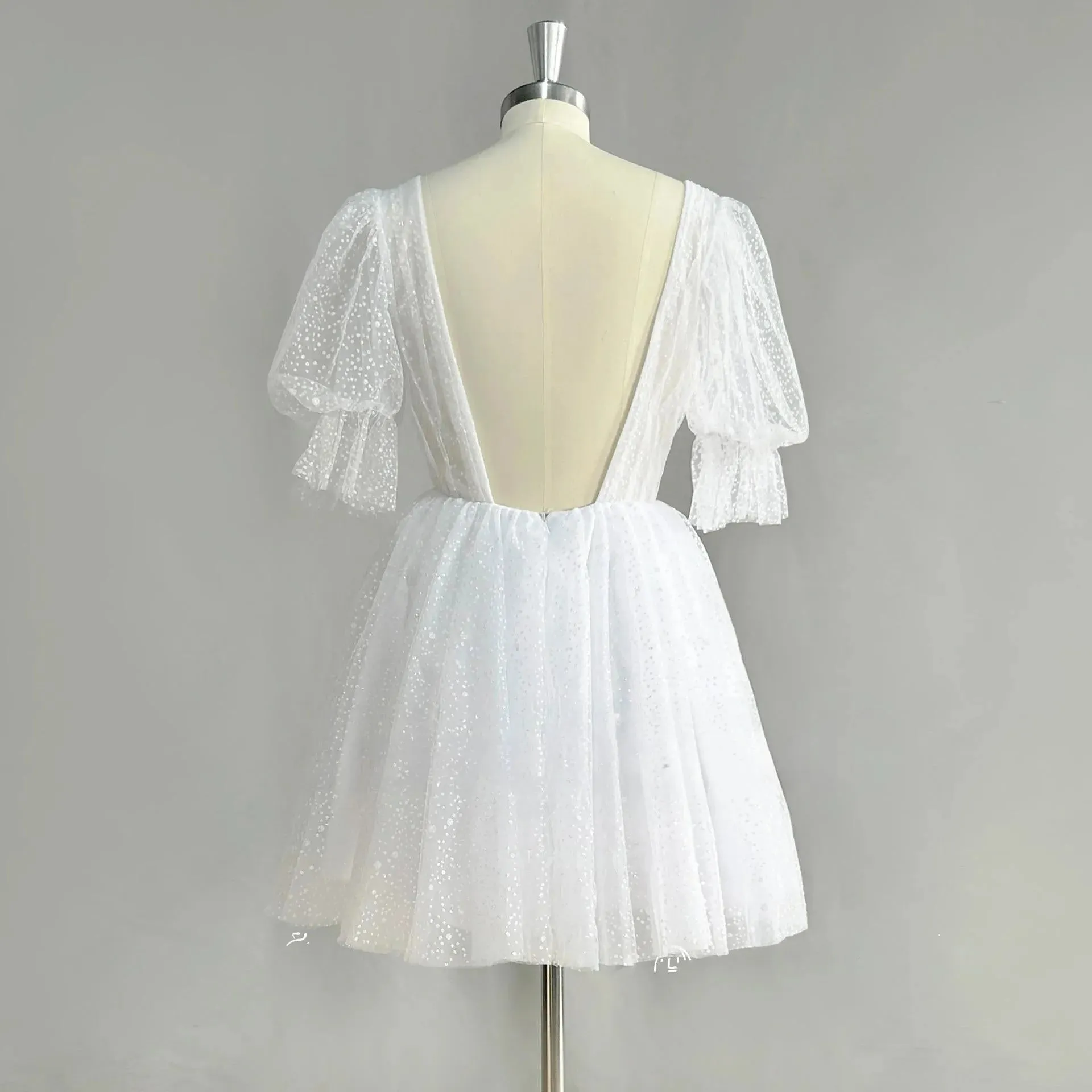 Puff Sleeves Sparkly Tulle Mini Short Wedding Dress V Neck Backless Above Knee Shiny Bridal Gown
