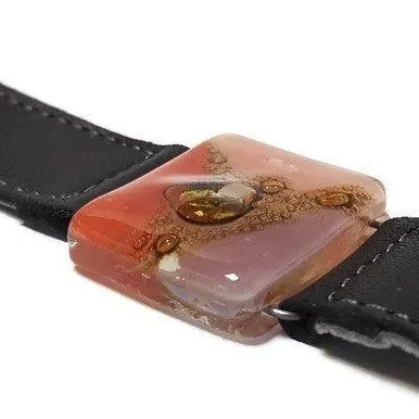 Red, pink, lilac and brown Recycled Glass and black leather cuff. Reclaimed Leather Bracelet
