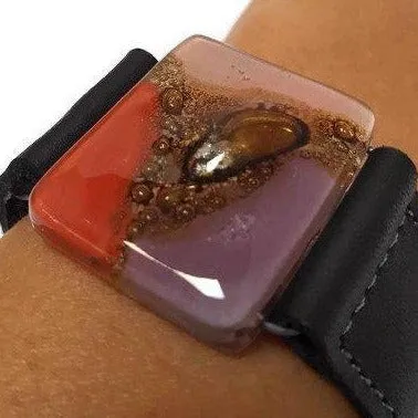 Red, pink, lilac and brown Recycled Glass and black leather cuff. Reclaimed Leather Bracelet