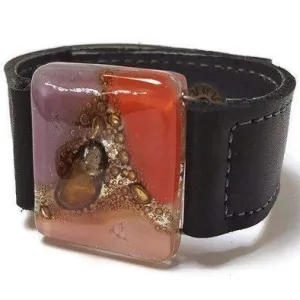 Red, pink, lilac and brown Recycled Glass and black leather cuff. Reclaimed Leather Bracelet