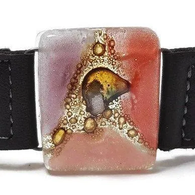 Red, pink, lilac and brown Recycled Glass and black leather cuff. Reclaimed Leather Bracelet