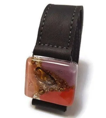 Red, pink, lilac and brown Recycled Glass and black leather cuff. Reclaimed Leather Bracelet