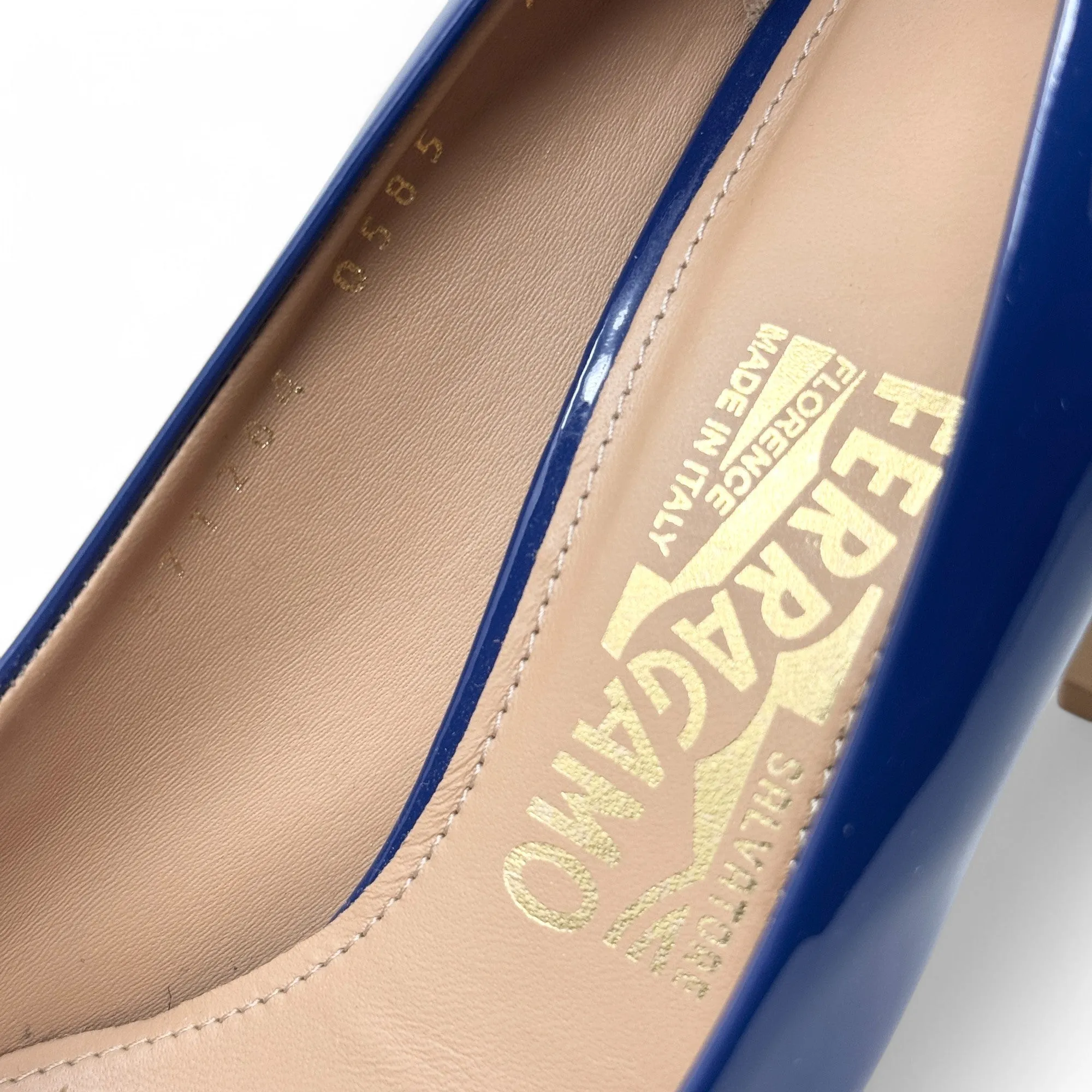 Salvatore Ferragamo Blue Pimpa Vara Pumps 7.5