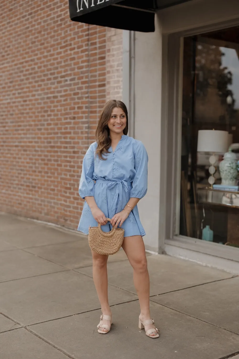 Sarah Slate Blue Eyelet Dress