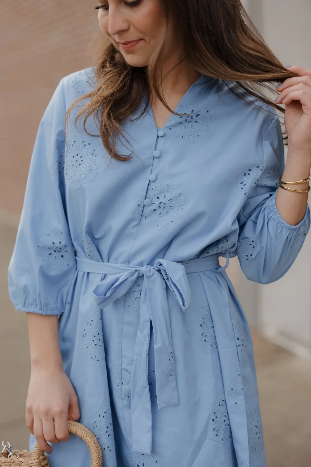 Sarah Slate Blue Eyelet Dress