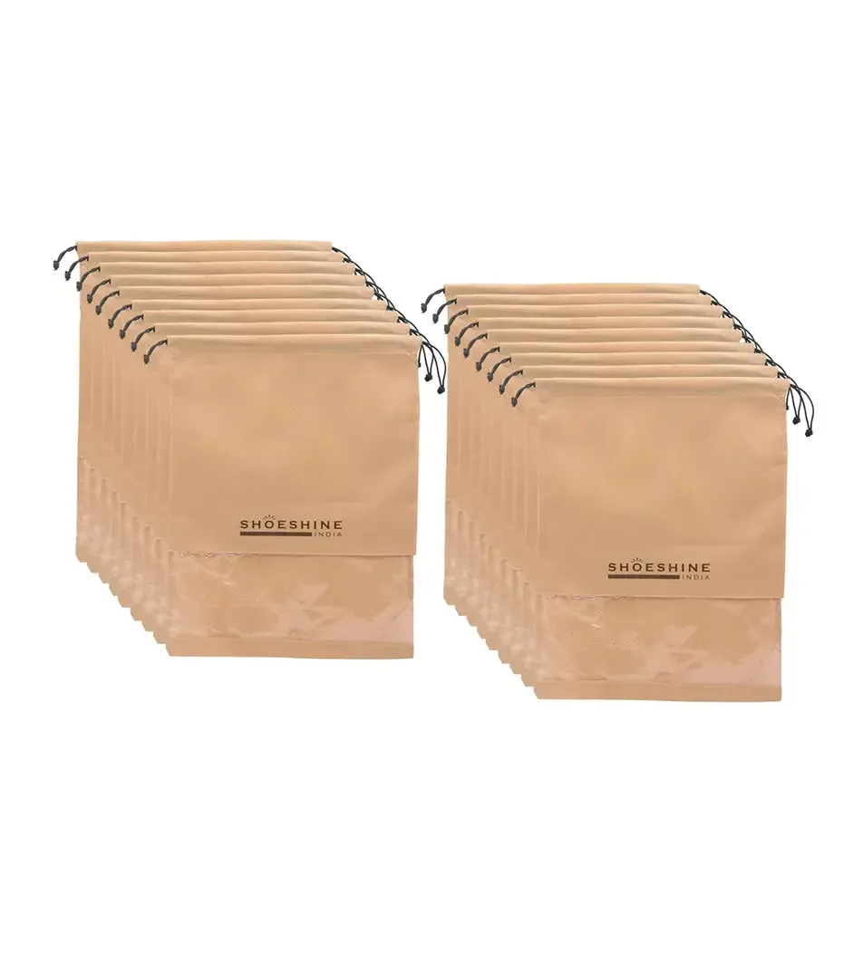 SHOESHINE Shoe Bags (Pack of 12) Travel Shoe Pouch - Beige with White Dori