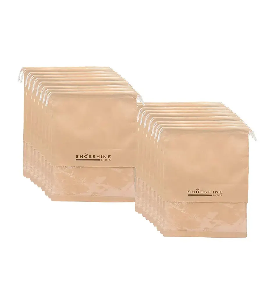 SHOESHINE Shoe Bags (Pack of 12) Travel Shoe Pouch - Beige with White Dori