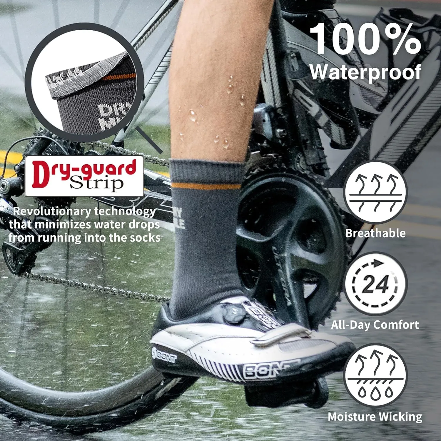 Slim Waterproof Socks, Thin Moisture Wicking Waterproof Socks for Men & Women, Golf, Cycling, Trekking - Crew