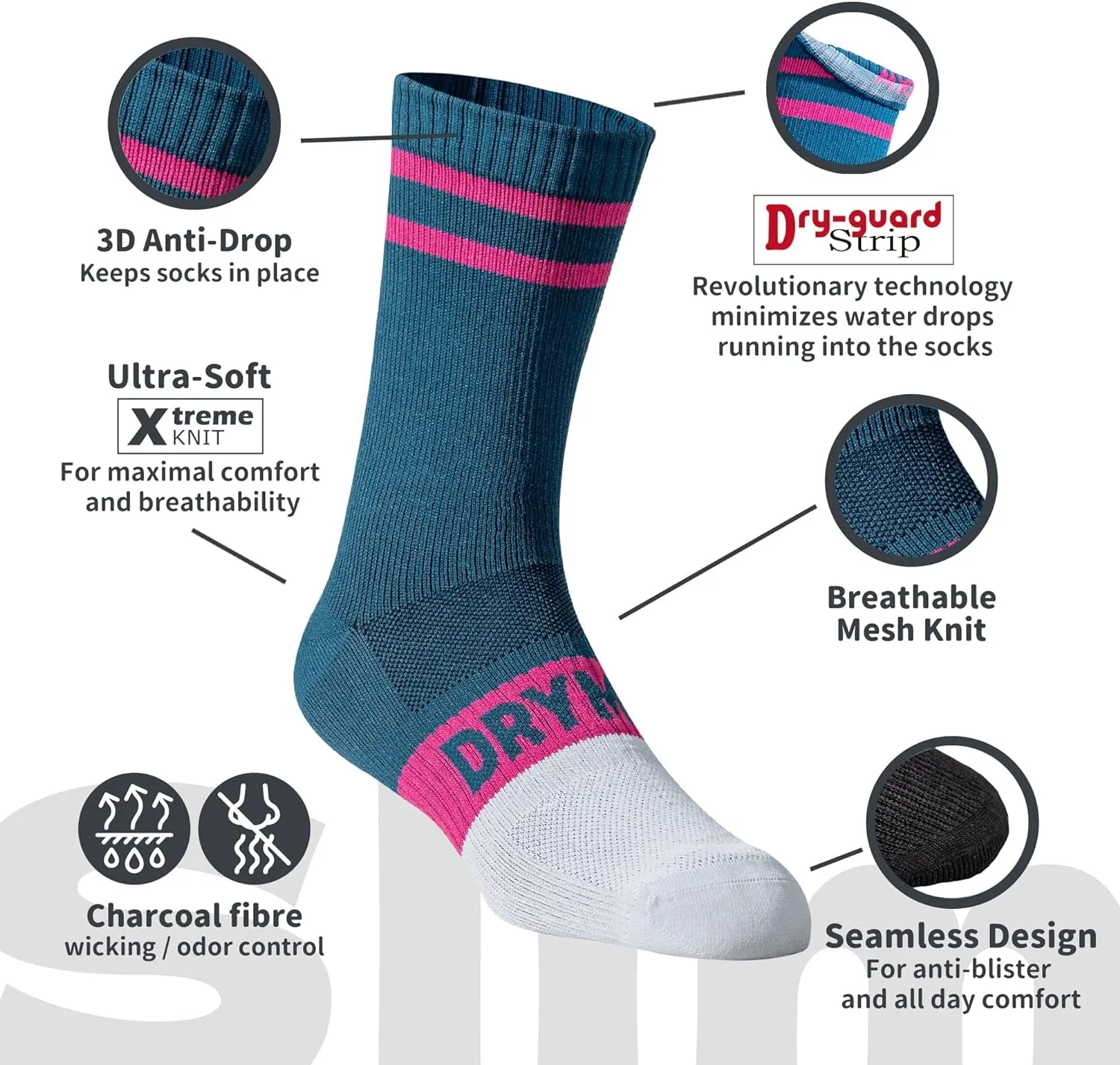 Slim Waterproof Socks, Thin Moisture Wicking Waterproof Socks for Men & Women, Golf, Cycling, Trekking - Crew