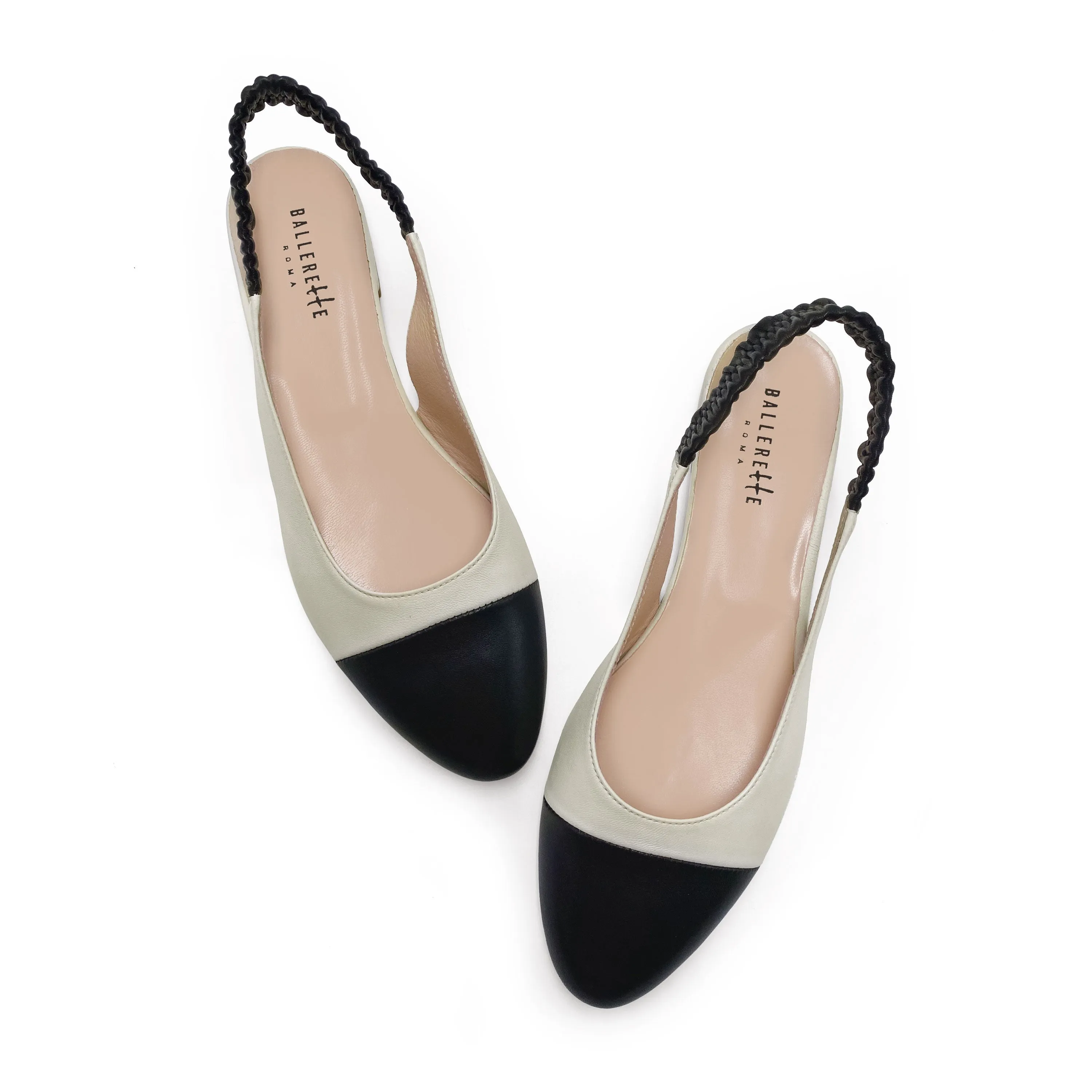 Slingback ballet flats in ivory and black leather