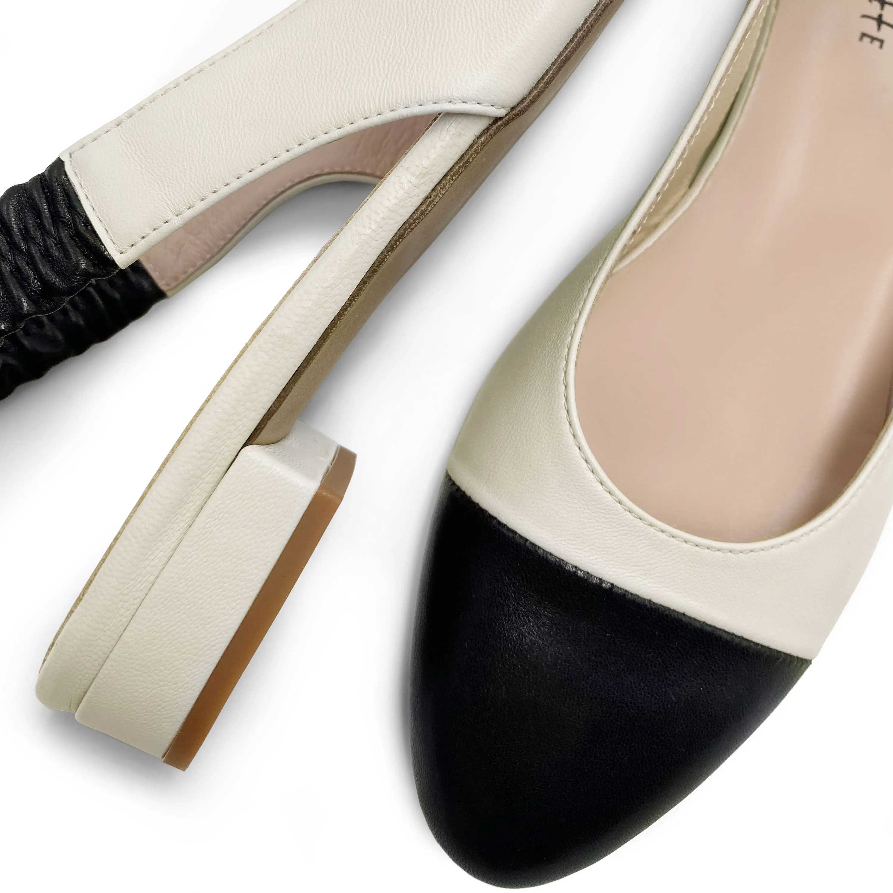 Slingback ballet flats in ivory and black leather