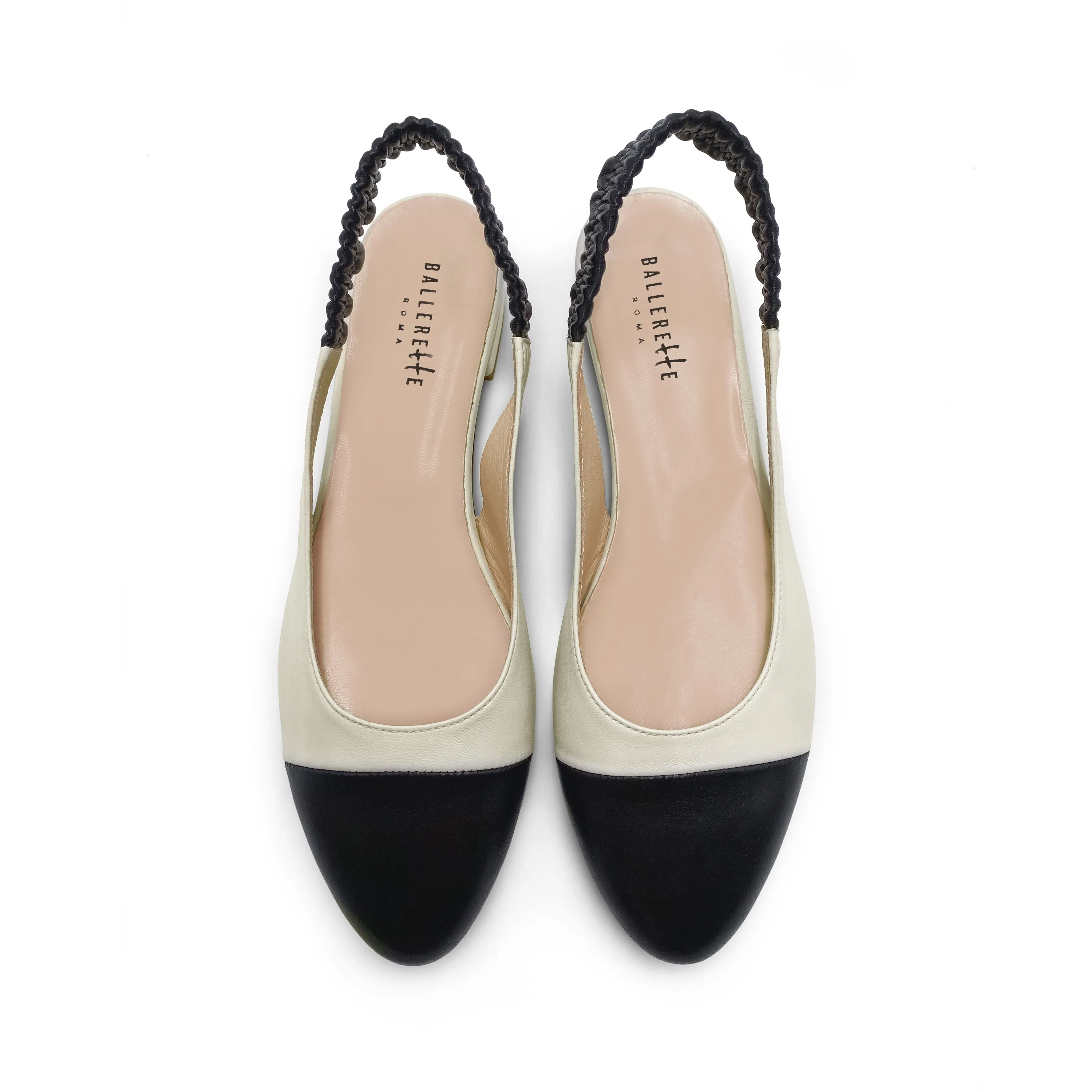 Slingback ballet flats in ivory and black leather
