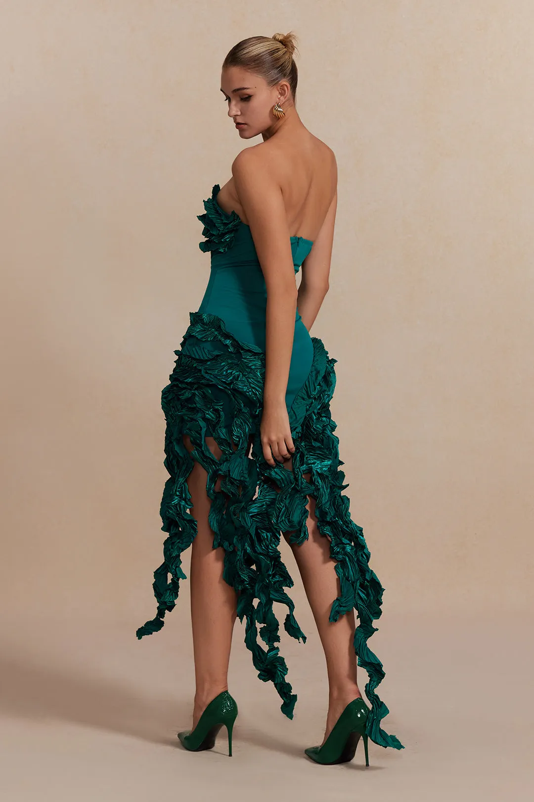 Solid Midi Dress with Ruffle Fringes
