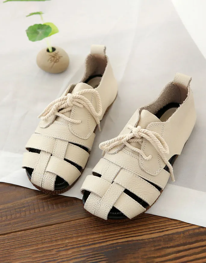 Summer Breathable Leather Woven Retro Flat Shoes