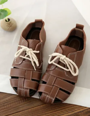 Summer Breathable Leather Woven Retro Flat Shoes