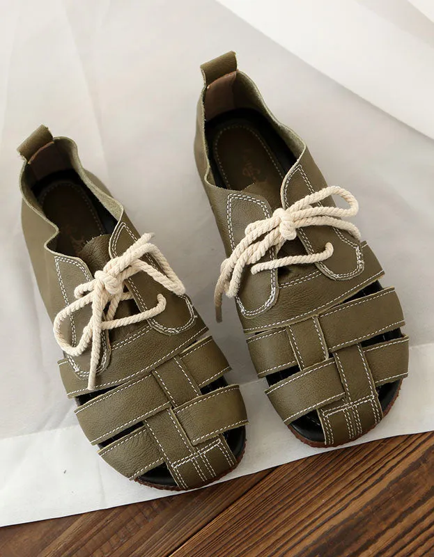 Summer Breathable Leather Woven Retro Flat Shoes
