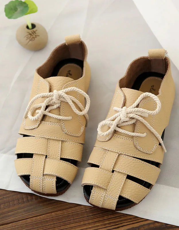 Summer Breathable Leather Woven Retro Flat Shoes