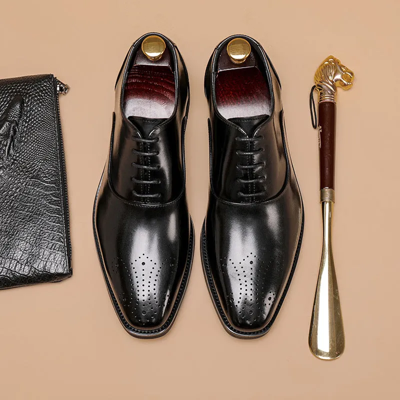 Summer New Men's Leather Shoes Head Layer Cowhide Hand-polished Brock Business Shoes