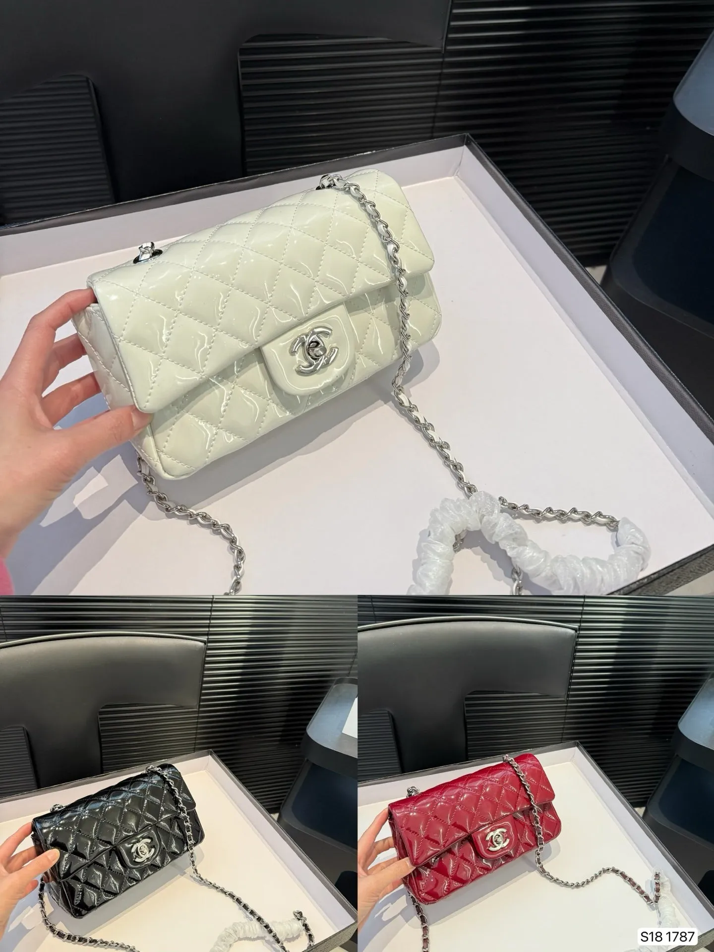 Tricolor Patent Leather Chain Flap Bag