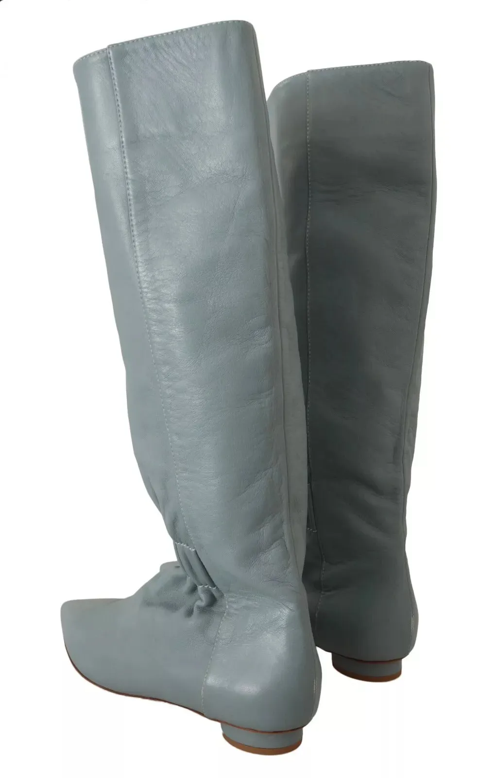 Valentino Blue Leather Elastic Flats Pull On Knee High Boots Shoes