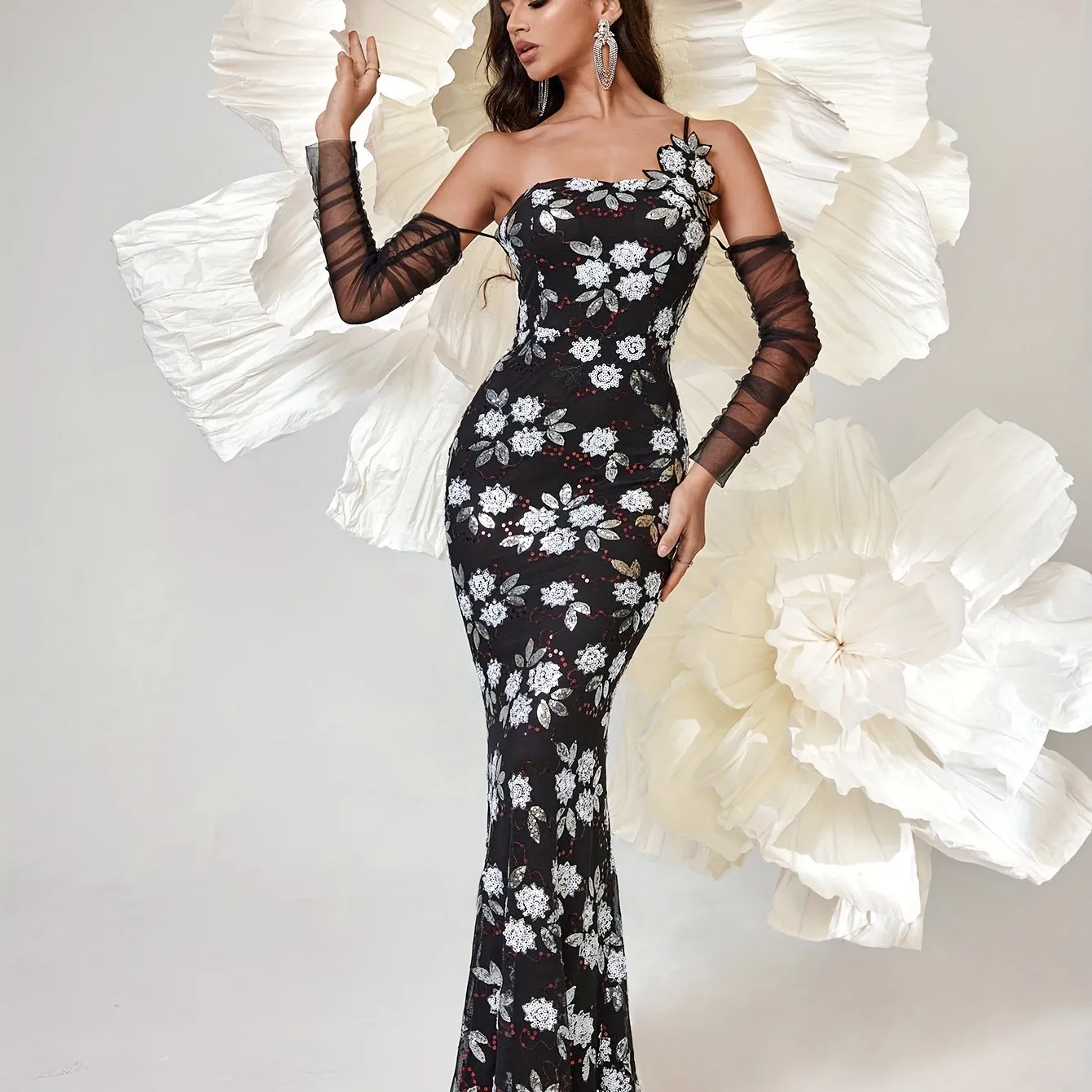 VougeVamp One-Shoulder Sequin Bodycon Dress – Elegant Long Sleeve Floor-Length Gown for Parties & Banquets