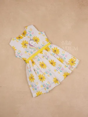 White Cotton Frock Adorned with Floral and Unicorn Designs for Girls