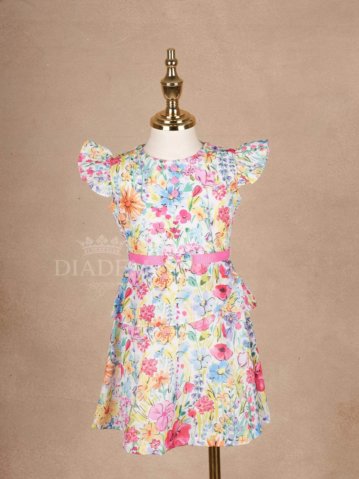 White Frock Adorned with Colorful Floral Designs and Cap Sleeve for Girls