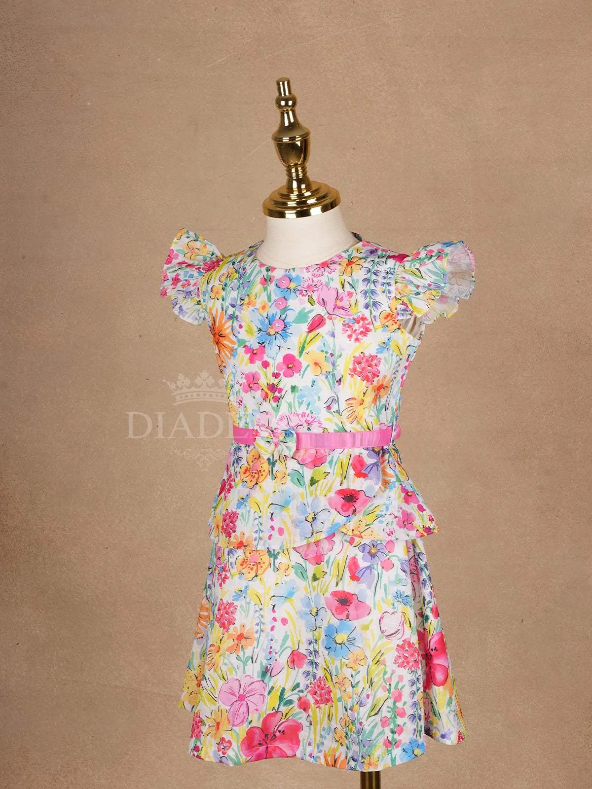 White Frock Adorned with Colorful Floral Designs and Cap Sleeve for Girls