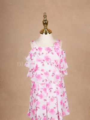 White Frock Adorned with Floral Designs and Sleeveless for Girls